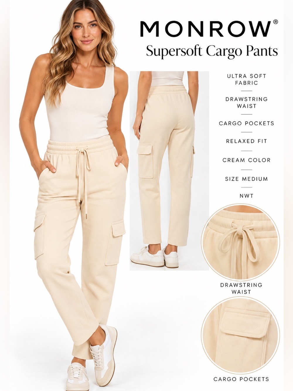 MONROW Supersoft Cargo Pants NWT Cream Medium Drawstring